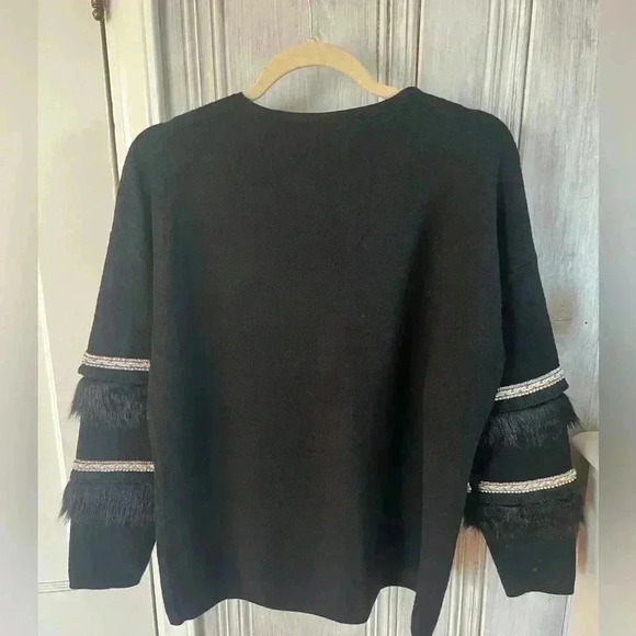 SIONI Blk VNeck sweater Sequin Fringe Detail LongSleeve M whimsigoth SWIFTY glam - Picture 5 of 8
